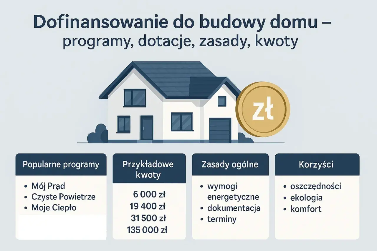 Dofinansowanie do budowy domu: popularne programy, przykładowe kwoty, zasady i korzyści. Złota moneta symbolizuje wsparcie finansowe.