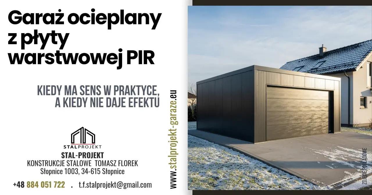 Nowoczesny garaż z płyty warstwowej PIR. Stal-Projekt oferuje kompleksowe rozwiązania, w tym garaż z płyty warstwowej projekt.