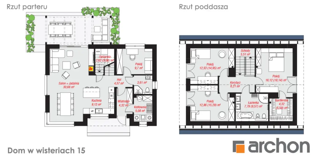 Rzuty parteru i poddasza domu w wisteriach 15. Widoczne salon, kuchnia, sypialnie, łazienka i garderoba.