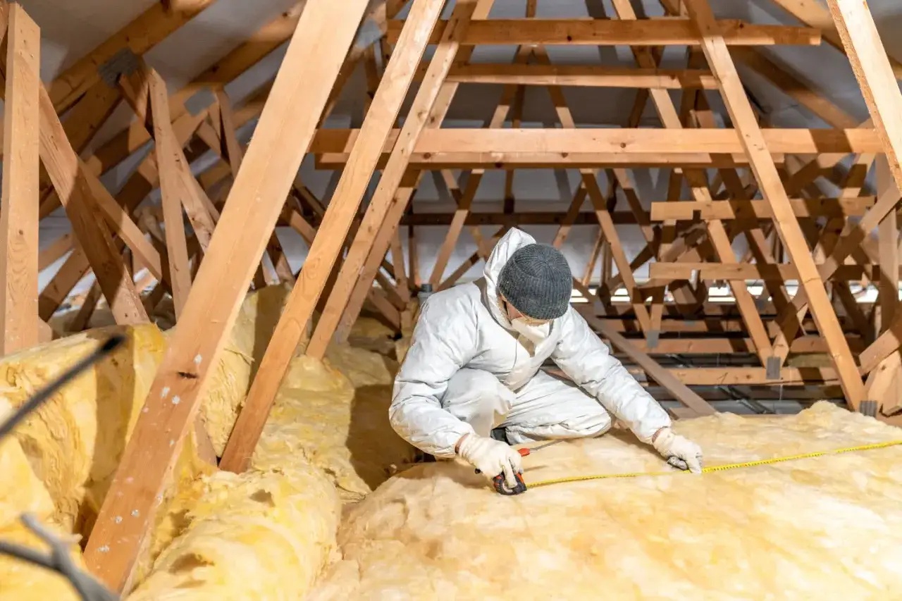 Pracownik w kombinezonie mierzy wełnę mineralną na poddaszu. Do precyzyjnego cięcia wełny mineralnej używa się specjalnych noży lub pił.