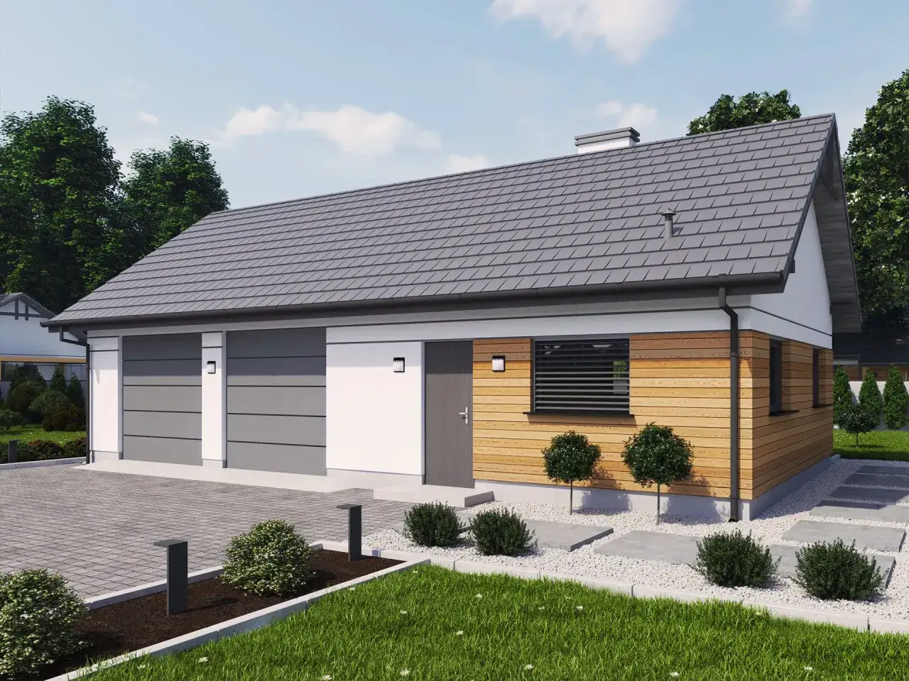 Nowoczesny budynek gospodarczy projekt z dwoma garażami, drewnianą elewacją i zadbanym ogrodem.