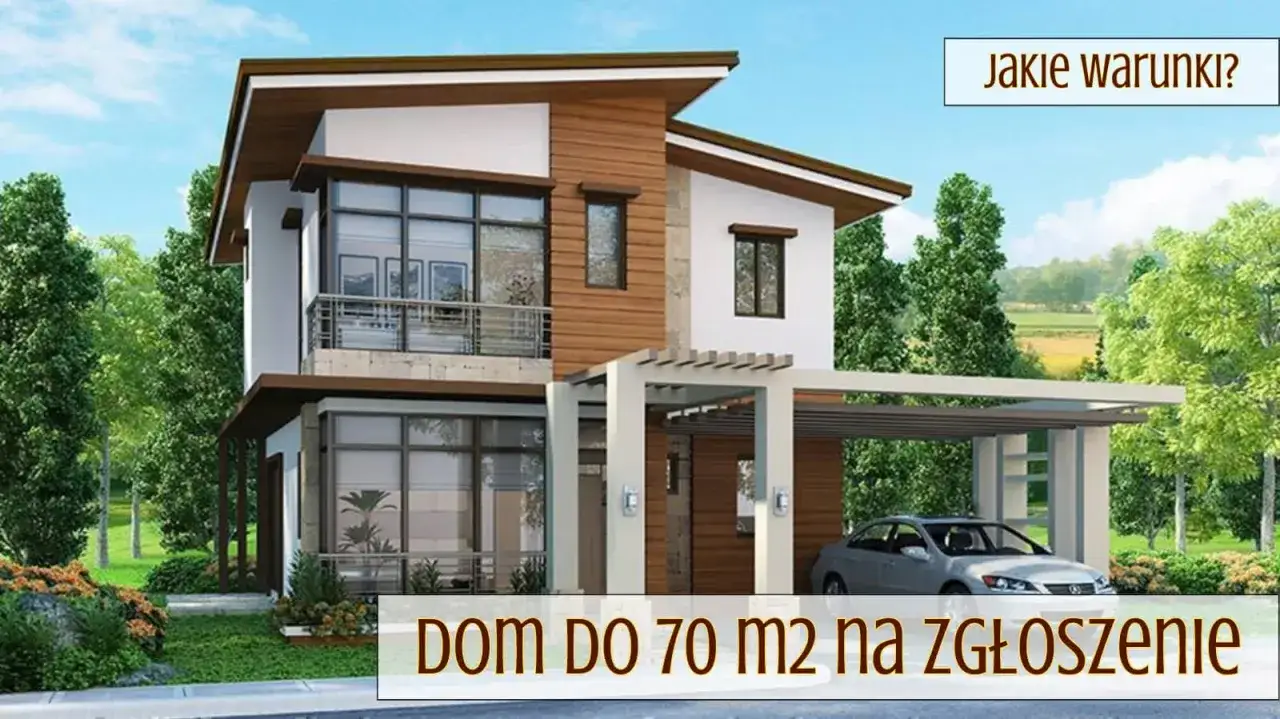 Nowoczesny budynek rekreacji indywidualnej 70m2 z garażem, otoczony zielenią.