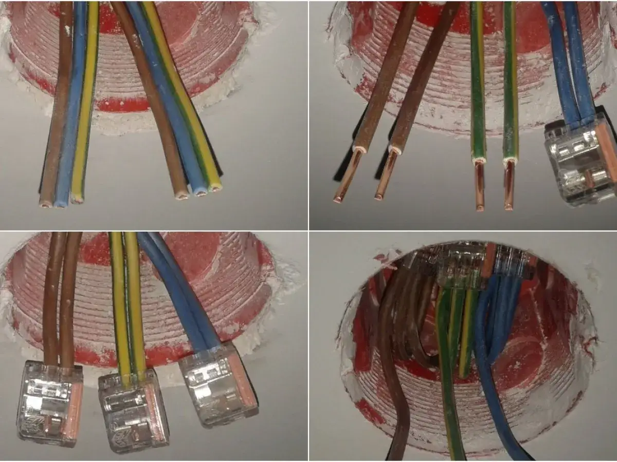 Instalacja elektryczna samemu: przewody w puszkach, przygotowane do połączenia. Widać miedziane końcówki i złączki.