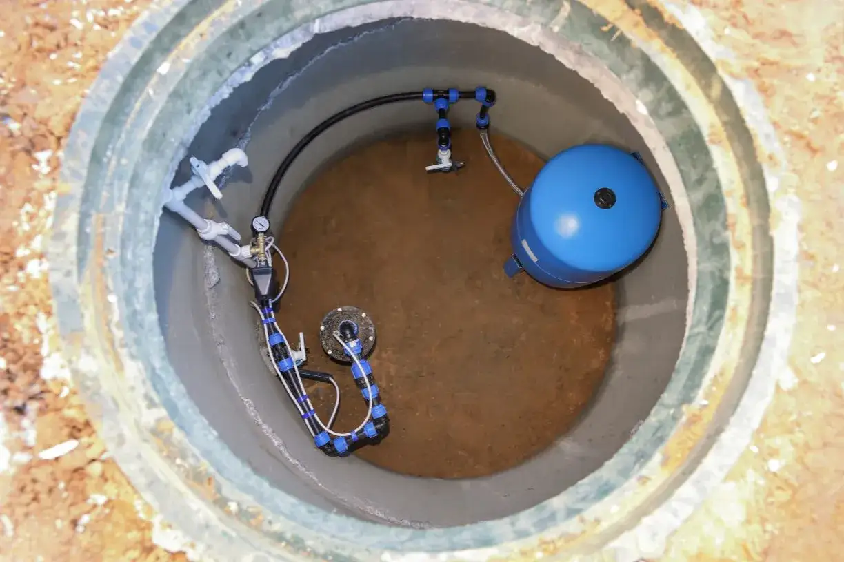 Wnętrze studni kręgowej z pompą, zbiornikiem hydroforowym i instalacją wodną.