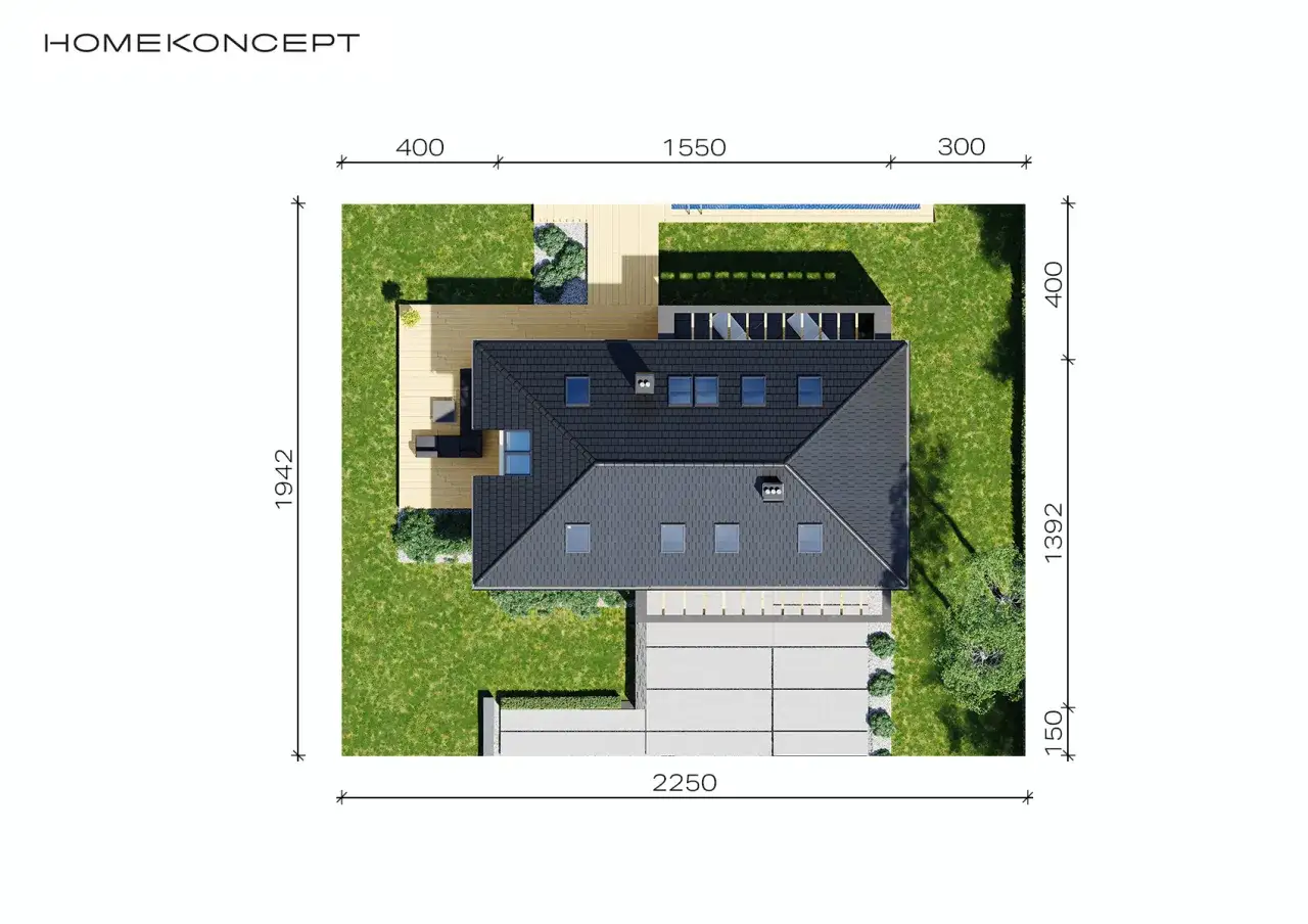Plan domu z basenem i tarasem. Zastanawiasz się, od czego zacząć budowę domu? Ten projekt to świetny punkt wyjścia.