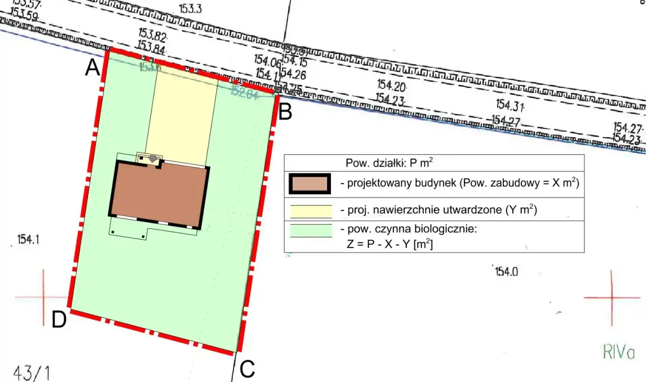 Plan zabudowy działki z zaznaczonym projektowanym budynkiem, nawierzchniami utwardzonymi i powierzchnią czynną biologiczną.