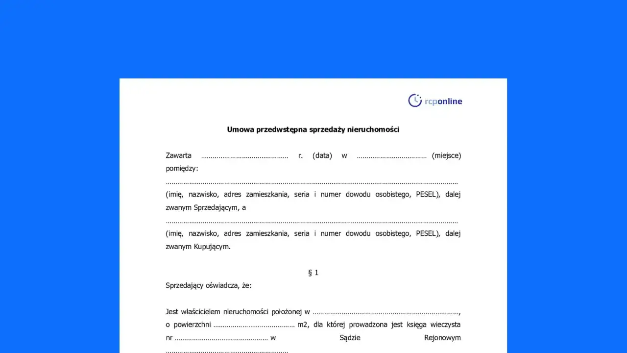 Umowa przedwstępna sprzedaży nieruchomości z zadatkiem. Dokument zawiera dane sprzedającego i kupującego oraz informacje o nieruchomości.