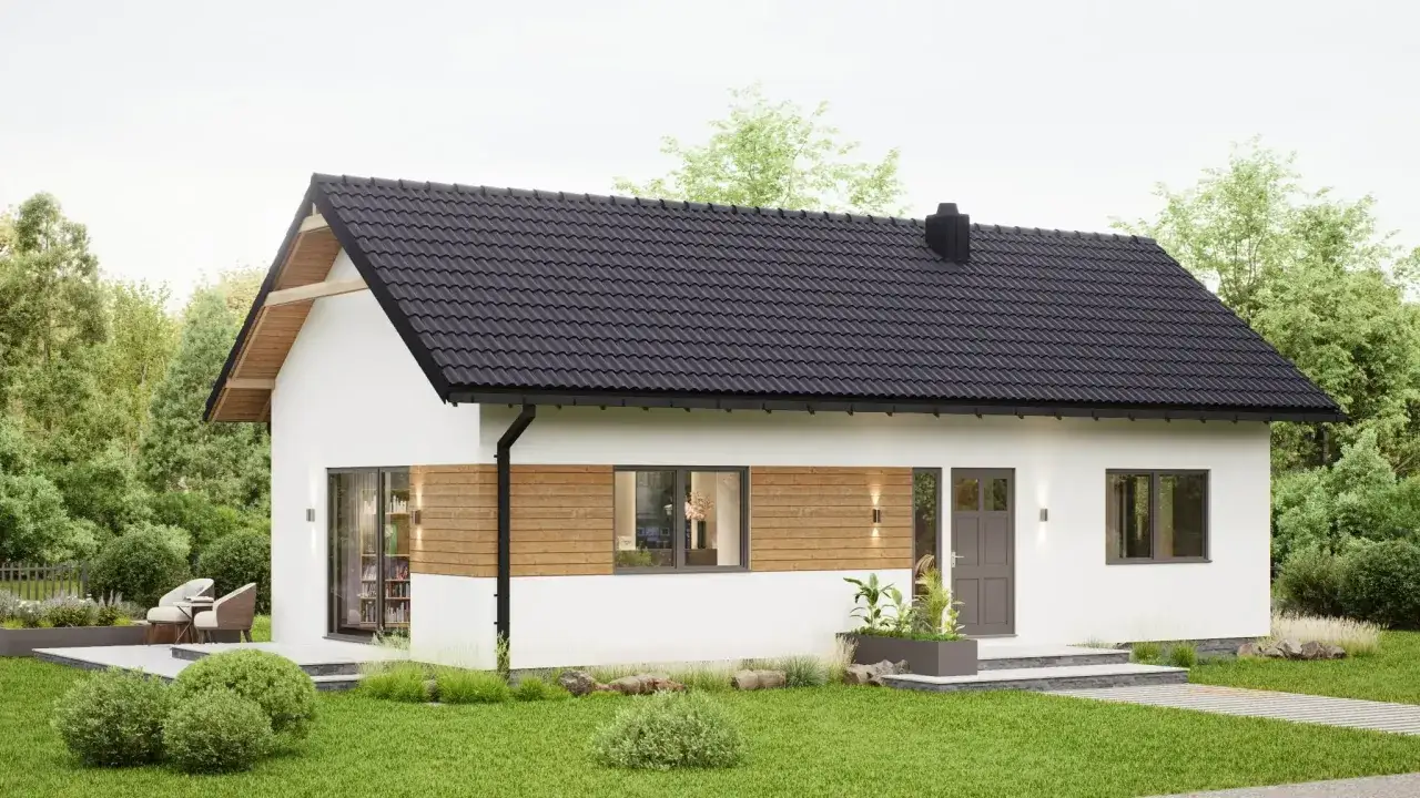 Nowoczesny domek letniskowy z drewnianymi akcentami, idealny na wypoczynek. Marzysz o własnym miejscu? Sprawdź dofinansowanie na domek letniskowy!