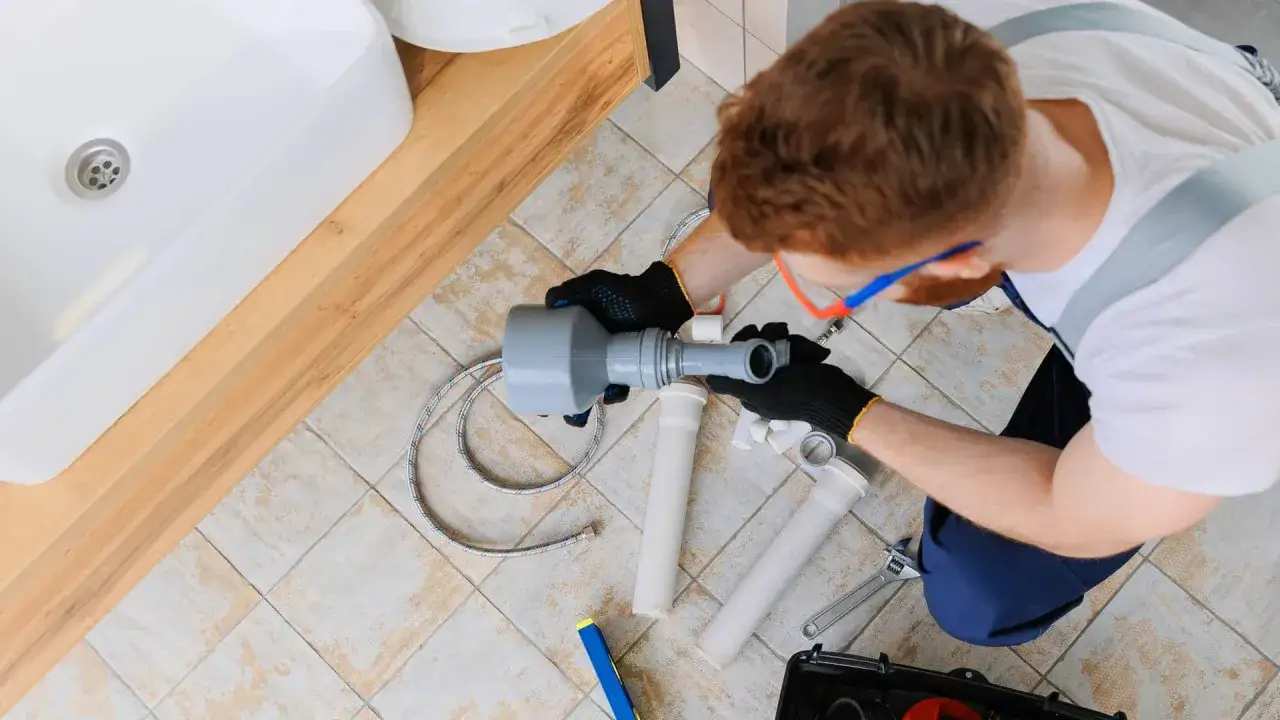 Instalator naprawia syfon umywalki, prawdopodobnie z powodu braku odpowietrzenia pionu.