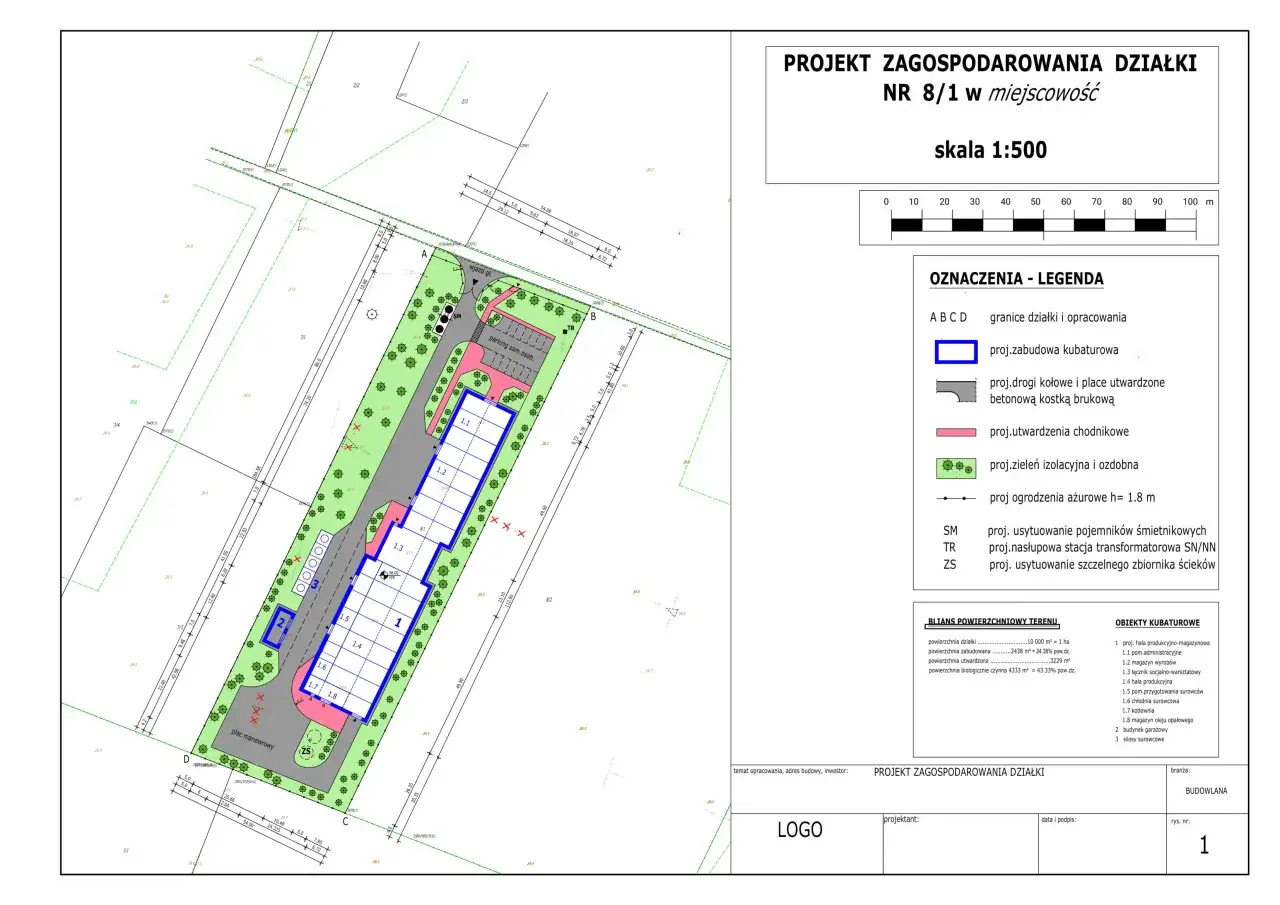 Projekt zagospodarowania działki z zaznaczoną minimalną szerokością działki budowlanej, parkingiem i drogami.