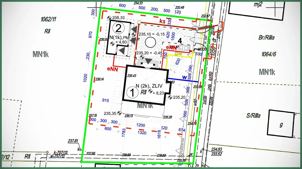 Plan zagospodarowania terenu, czyli mpzp, pokazuje działkę z budynkami i granicami.