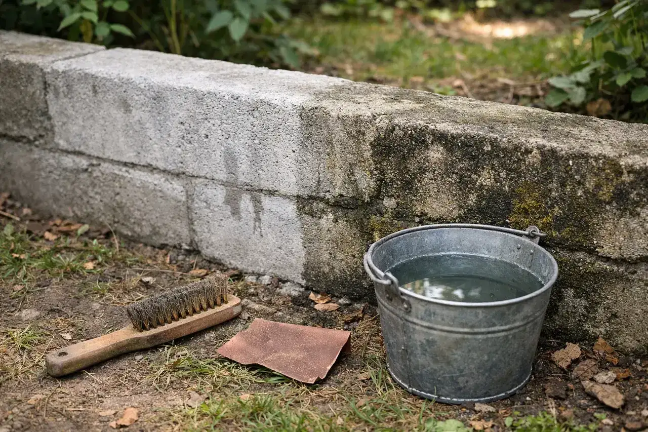 Jak odnowić stary murek betonowy? Metalowa szczotka, papier ścierny i wiadro z wodą czekają, by przywrócić mu dawny blask.
