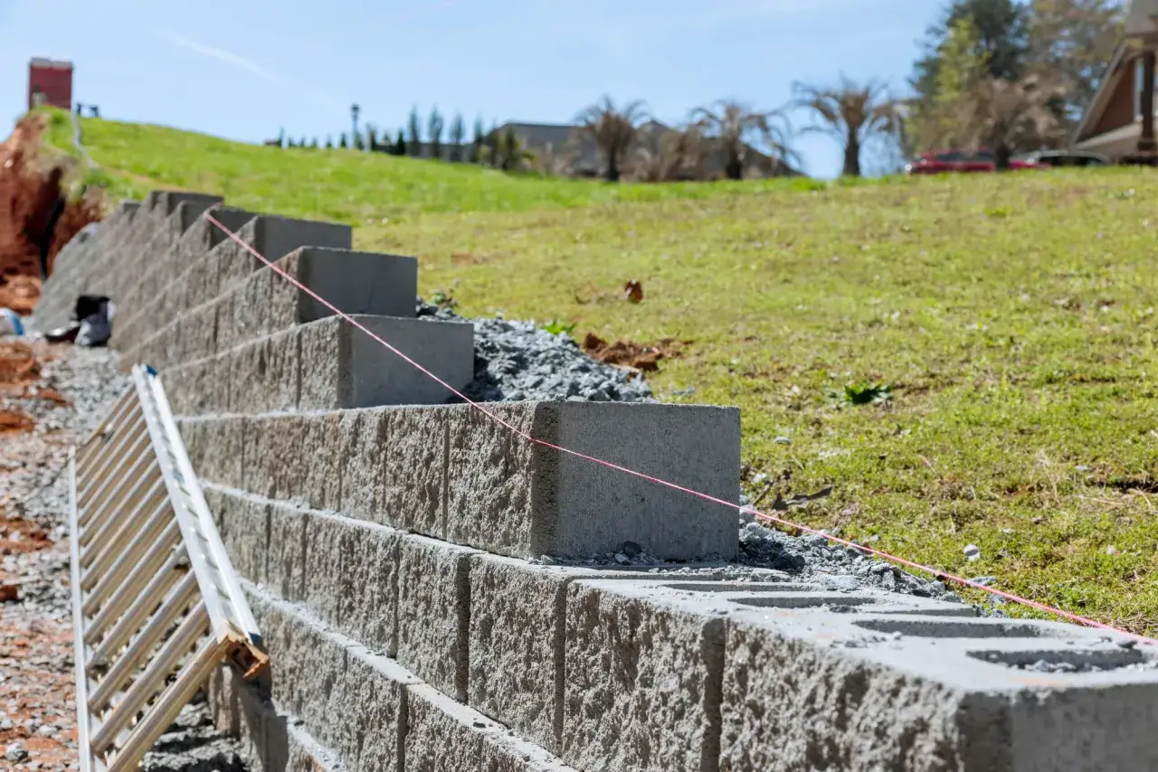 Budowany mur oporowy z bloczków betonowych, z czerwoną linką wyznaczającą poziom. Obok stoi drabina.