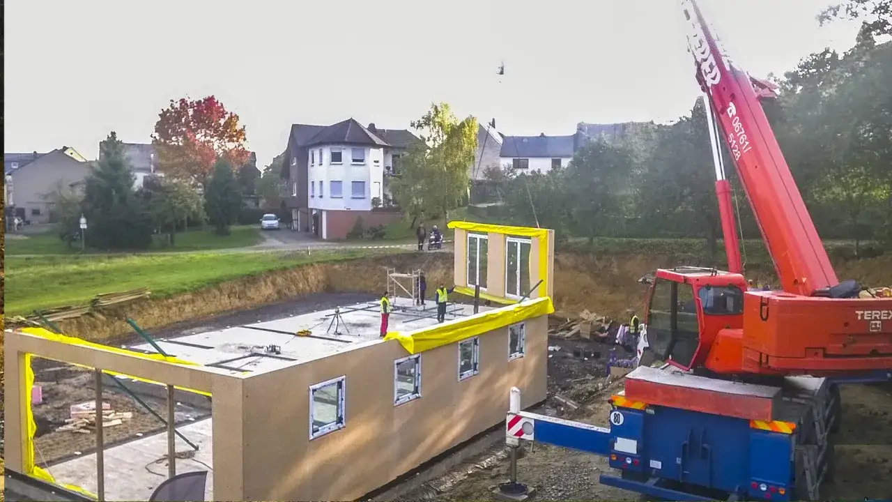 Budowa domu modułowego: dźwig podnosi gotowy segment. Pokazuje, z czego budować dom szybko i efektywnie.