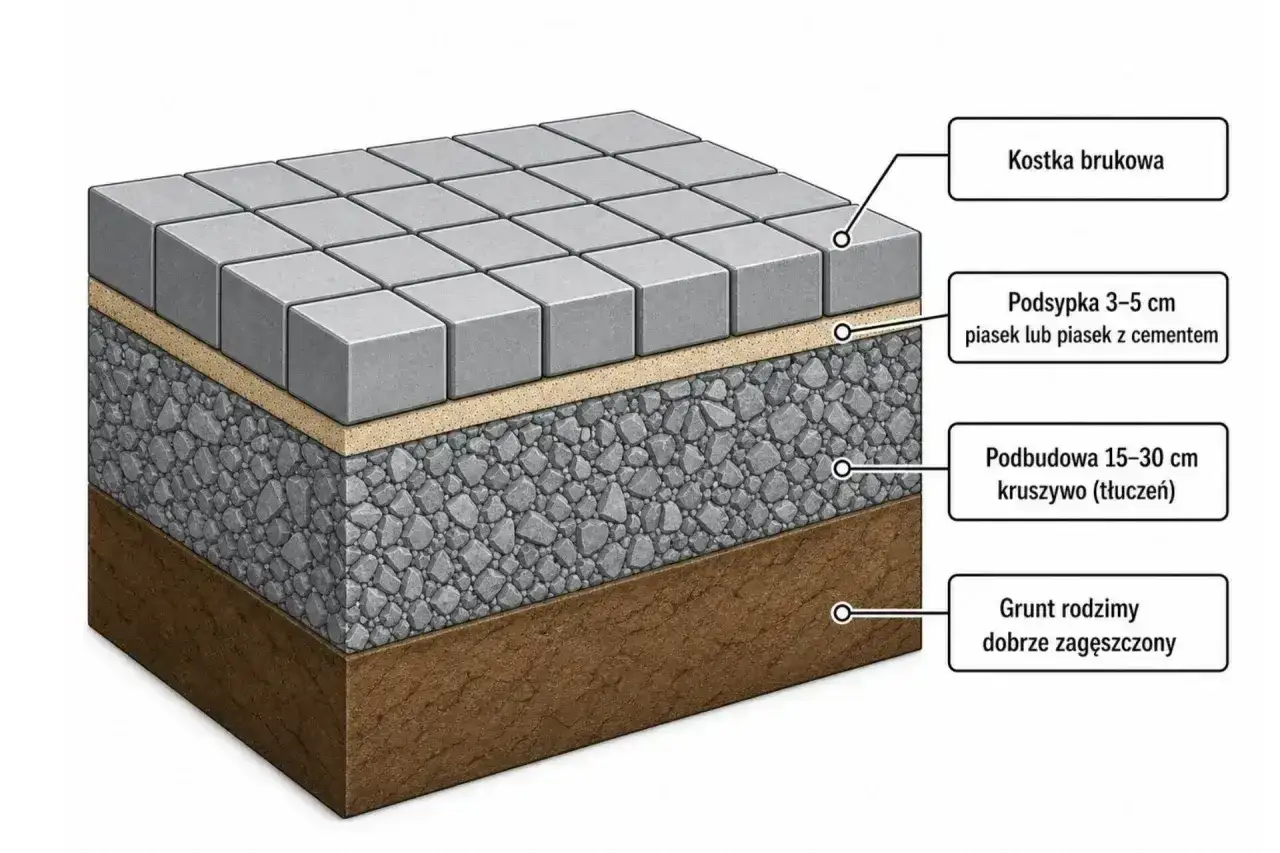 Warstwy pod kostkę brukową: podbudowa 15-30 cm, podsypka 3-5 cm piasku lub piasku z cementem.