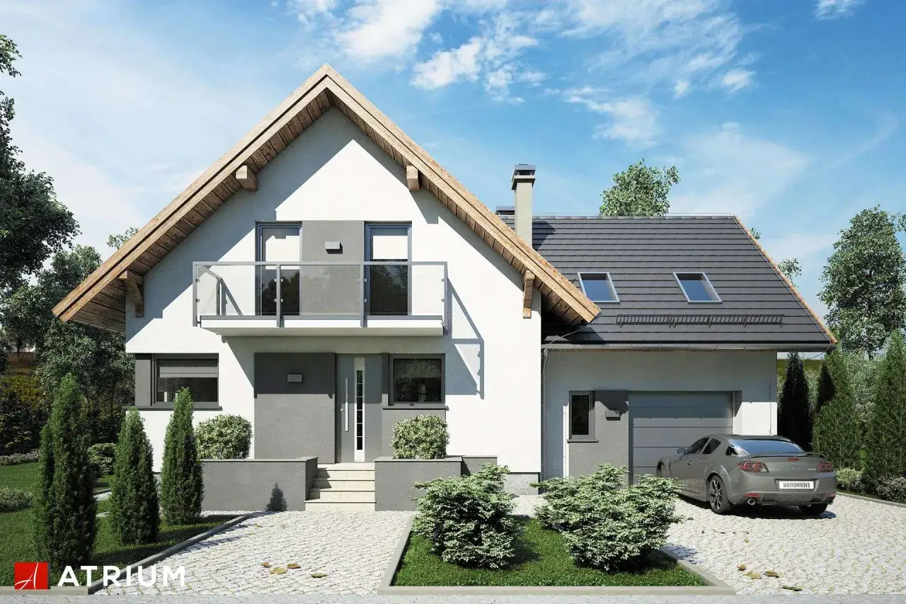 Nowoczesny projekt domu z garażem, z balkonem i dachem pokrytym ciemną dachówką.