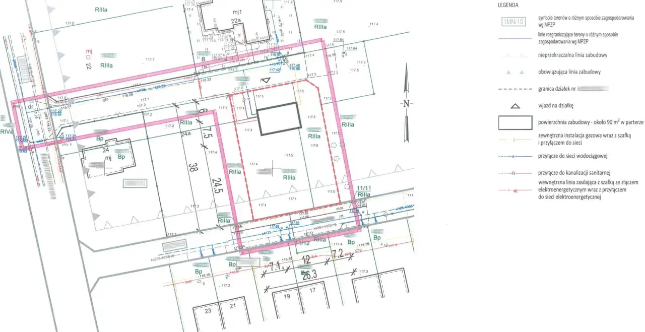 Mapa geodezyjna z zaznaczonym przyłączem wody do działki bez domu, widoczne linie sieci i granice działek.
