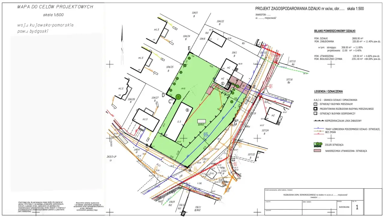 Mapa projektowa z zaznaczonymi działkami, budynkami i liniami. Jak sprawdzić plan zagospodarowania przestrzennego działki? Legenda wyjaśnia oznaczenia.