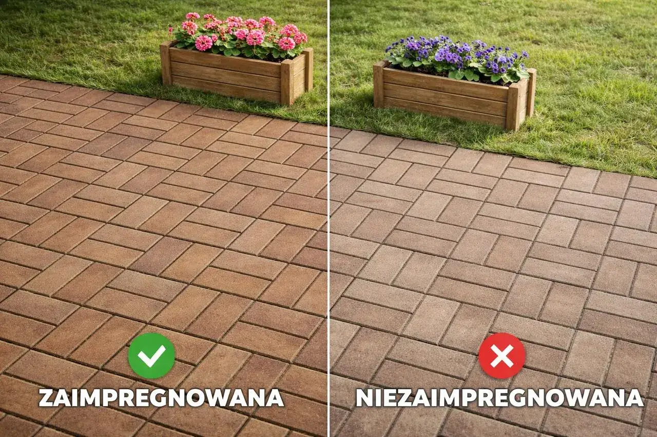 Porównanie kostki brukowej: zaimpregnowana ma głębszy kolor i jest chroniona, niezaimpregnowana jest jaśniejsza.