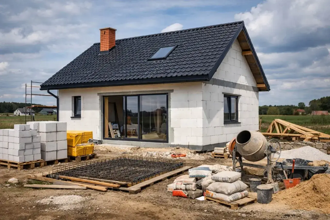 Budowa domu w toku: beton, bloczki, cement i zbrojenie. Poznaj koszty budowy domu i zaplanuj swój projekt.