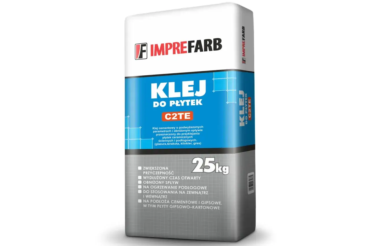 Jaki klej do płytek 60x60? Worek kleju cementowego C2TE IMPREFARB 25kg, idealny do dużych płytek, na ogrzewanie podłogowe, wewnątrz i na zewnątrz.