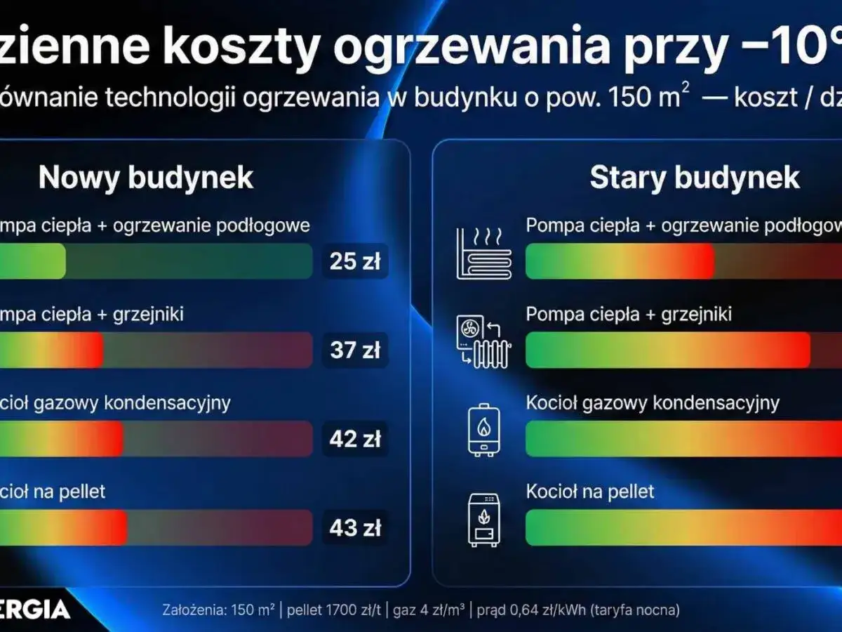 Porównanie kosztów ogrzewania domu 150 m² przy -10°C. Jakie ogrzewanie do domu wybrać? Pompa ciepła z podłogówką najtańsza.